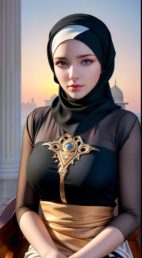 1girl, solo, beautiful face, high detailed realistic eyes, double eyelids, high detailed realistic pupils, (upon body from head to waist:1.36), (wearing hijab:1.37), (moslem headscarf:1.37), reading glasses, sitting alone on a long chair, amazing mosque pa...