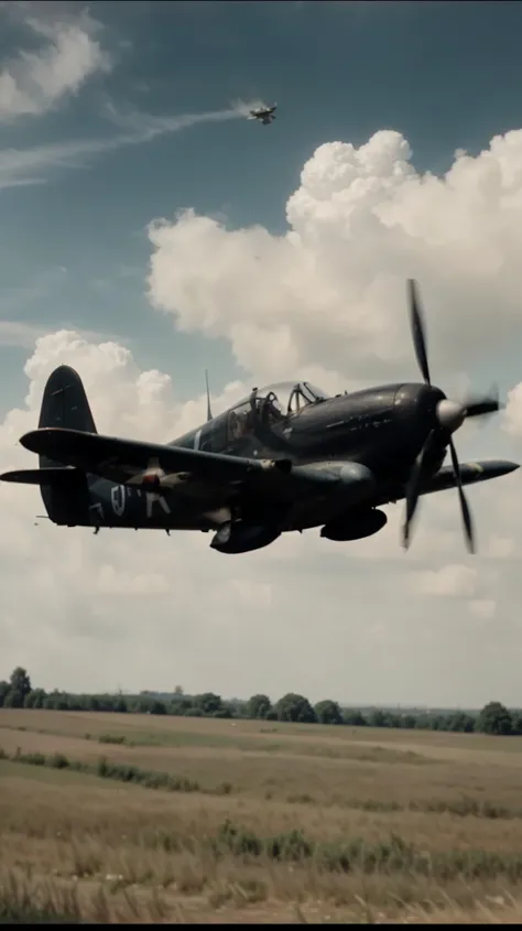 there is a small plane flying in the sky over a field, wartime footage, spitfire, 1944, 1 9 4 4, youtube video screenshot, panavia tornado replica, historical footage, panavia tornado, 1943, vintage footage, cinematic shot!, hurricane, war thunder game, ci...