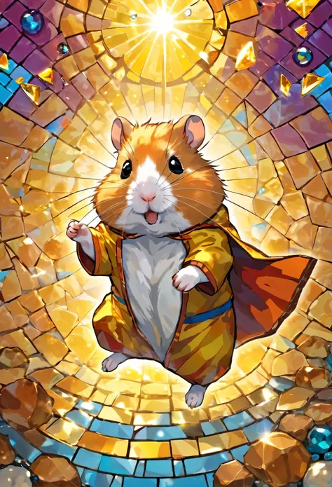 portrait of a hamster adventurer ,radiant mosaic:1.2, catch the sun:0.8, inject warmth and energy into a space like shards of gl...