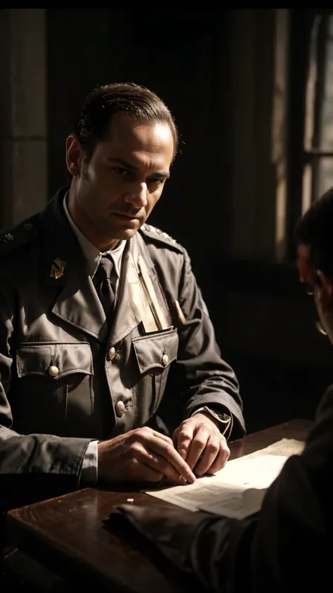 arafed man in uniform sitting at a table with a man in a suit, still image from tv series, screenshot from a movie, still from a terence malik film, still from a live action movie, film still dnd, still from the film, still image from the movie, set in ww2...