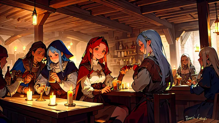 medieval europe,bar,Female Bard and Adventurer Group,Beer ,calm atmosphere,smile,candles are lit