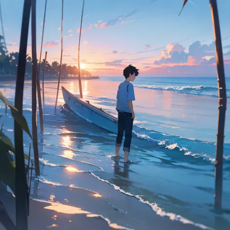 anime - along the sea, a boy, the boy using an old camera taking pictures, the boy wearing a pale blue hoodle and black jeans, makoto shinkai style, pale blue sky, pale blue sea, ultra high quality, ultra detailed, detailed face, sunset