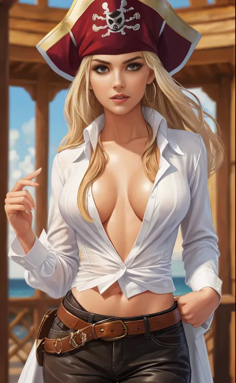 Female pirate, white silk shirt, deep v neck, navel