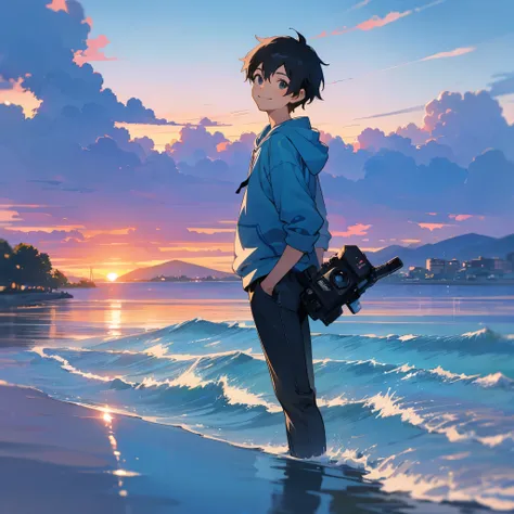 anime - along the sea, a boy, the boy using an old camera taking pictures, the boy wearing a blue hoodie and black jeans, facing the camera, smiling, makoto shinkai style, pale blue sky, pale blue sea, ultra high quality, ultra detailed, detailed face, sun...