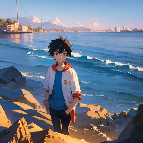 anime - along the sea, a boy, the boy wearing a blue hoodie and black jeans, facing the camera, smiling, makoto shinkai style, pale blue sky, pale blue sea, ultra high quality, ultra detailed, detailed face, sunset