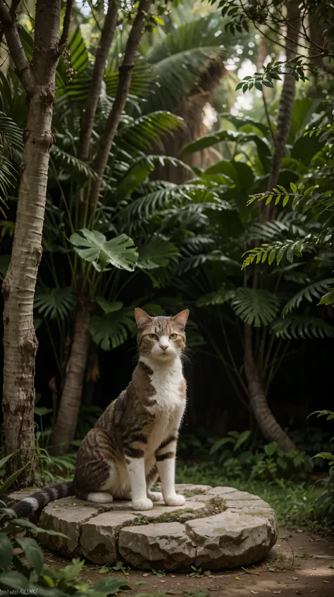 (best quality,4k,8k,highres,masterpiece:1.2),ultra-detailed,(realistic,photorealistic,photo-realistic:1.37),cat relaxing on a stone in an exotic jungle,naturalistic,green foliage,vibrant colors,sunlight filtering through the dense canopy,serene atmosphere,...