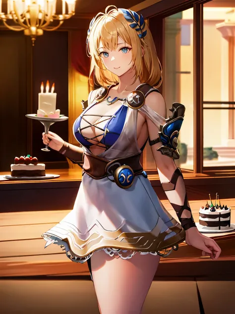 masterpiece, highest quality, Sophitia Alexandre,blonde,Happy birthday!。,birthday cake,inside the house,(light blue sleeveless clotheini skirt,smile,