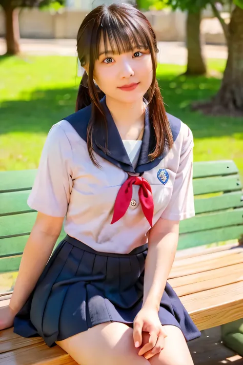 asian woman in uniform sitting on a bench, jk uniform, wearing japanese school uniform, japanese girl uniform, japanese school u...