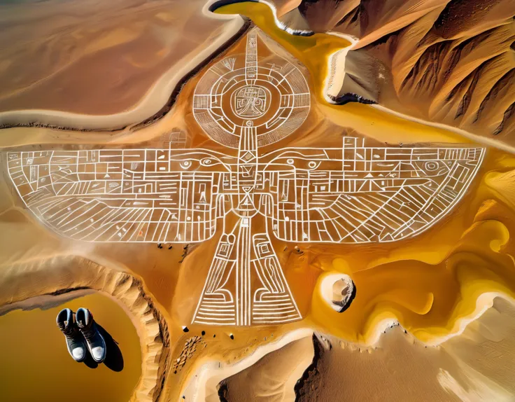 Aerial View/Aerial View, Nazca Giant Paintings, Nazca Lines, In the Gulf of Paracas, Peru, looking down on the land of Nazca from a height of thousands of meters, one is amazed to find, in this desolate, barren land,egyptian abstract painting， a portrait o...