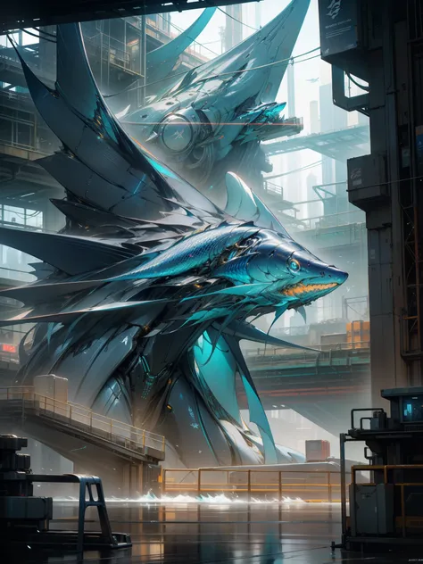 In the heart of a neon-lit Cyberpunk metropolis, a lone figure stands among the towering structures, a mechanical marvel of cybernetic engineering at his side. The fish-inspired robot, designed in the image of a Marlin, glows with an ethereal blue light, i...