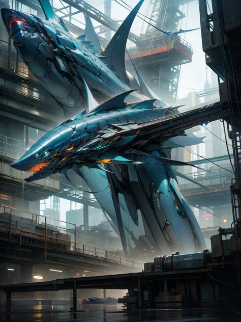 In the heart of a neon-lit Cyberpunk metropolis, a lone figure stands among the towering structures, a mechanical marvel of cybernetic engineering at his side. The fish-inspired robot, designed in the image of a Marlin, glows with an ethereal blue light, i...