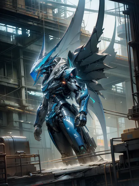 In the heart of a neon-lit Cyberpunk metropolis, a lone figure stands among the towering structures, a mechanical marvel of cybernetic engineering at his side. The fish-inspired robot, designed in the image of a Marlin, glows with an ethereal blue light, i...