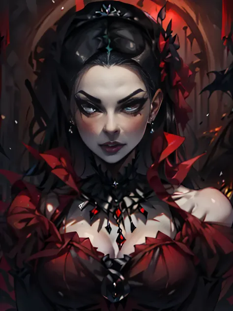 um close de uma mulher com um vestido vermelho e maquiagem de vampiro, beautiful rainha vampira, linda rainha feminina vampira, ...