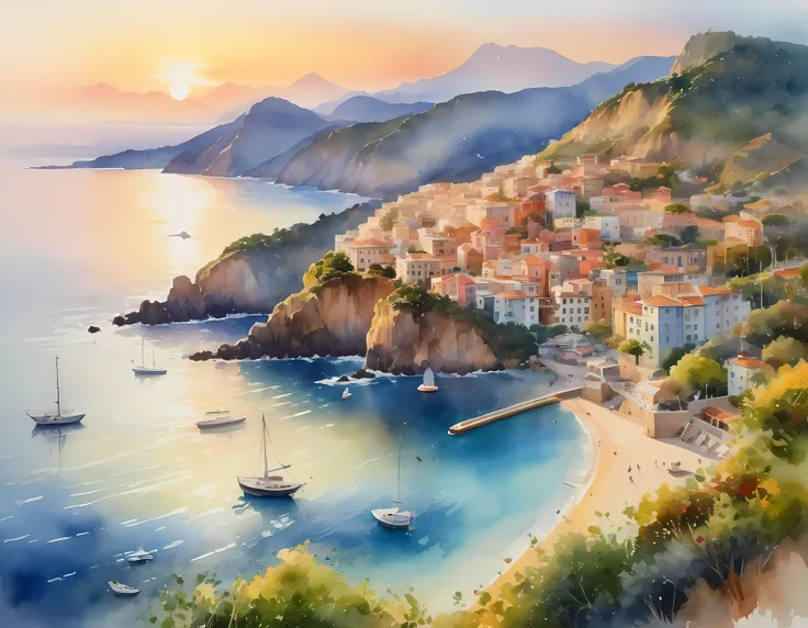 Watercolor painting, masterpiece in maximum 16K resolution, superb quality, a stunning ((aerial view)) of a coastal city nestled between mountains and the ocean, iconic landmarks, vibrant neighborhoods, golden hour lighting and atmospheric haze to create a...