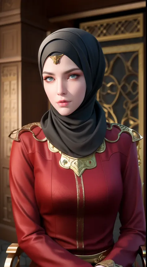 1girl, solo, beautiful face, high detailed realistic eyes, double eyelids, high detailed realistic pupils, (upon body from head to waist:1.36), (wearing hijab:1.37), (moslem headscarf:1.37), reading glasses, sitting alone on a long chair, amazing mosque pa...