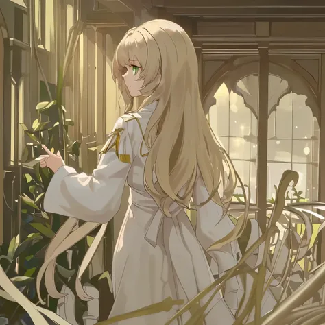 Light shines from behind on a beige-haired, green-eyed girl wearing white clothes