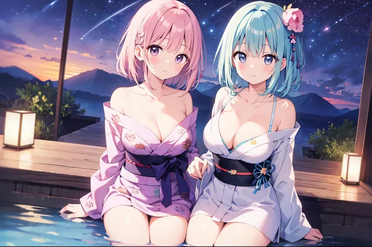 （masterpiece）、(highest quality)、((Super detailed))、(super delicate)、pastel colored hair、beautiful breasts、yukata、Hot spring at night、fantastic starry sky