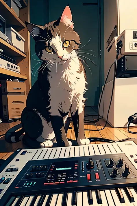 Katze spielt synthesizer