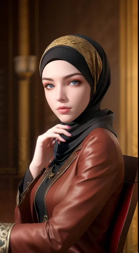 1girl, solo, beautiful face, high detailed realistic eyes, double eyelids, high detailed realistic pupils, (upon body from head to waist:1.36), (wearing hijab:1.37), (moslem headscarf:1.37), reading glasses, sitting alone on a long chair, amazing mosque pa...