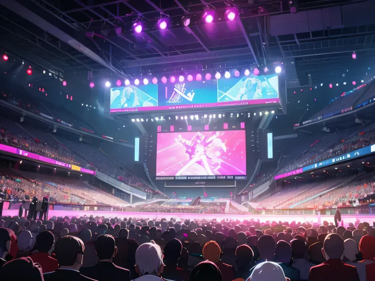 As the scene transitions, the nightclub seamlessly transforms into a sprawling stadium. The architecture takes on a grander scale, with towering tiers of seats that rise towards the sky, each adorned with neon accents that illuminate the space in a vibrant...