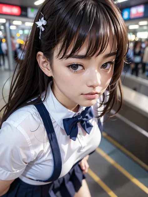 (masterpiece:1.3), (8K、photorealistic, Raw photo, best quality:1.4), (solo), (1 girl), (beautiful realistic face:1.2), ((very beautiful 18 year old japanese girl)), (Symmetrical perfect face), (beautiful brown hair, bangs), hair is messy, (intense black ey...