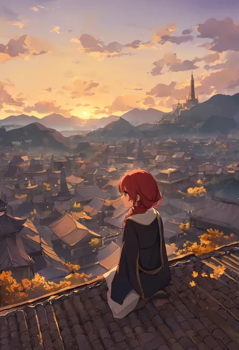 A woman with red makeup sits on the roof，Gaze at the distant skyline，The sunset and the ancient capital create beautiful scenery together，楼兰ancient city，sunset yellow sand，cloud，fallen flowers，ancient city，wild geese