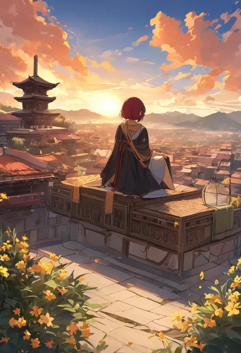 A woman with red makeup sits on the roof，Gaze at the distant skyline，The sunset and the ancient capital create beautiful scenery together，楼兰ancient city，sunset yellow sand，cloud，fallen flowers，ancient city，wild geese