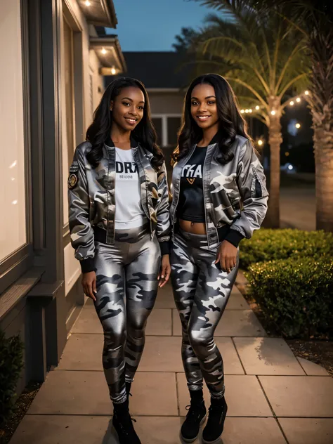 camera inside house looking out at front yard, street in background, well lit Picture of front yard at evening, standing on sidewalk are two beautiful , happy, young black women, silly pose, full body, beautiful eyes, pretty faces, detailed eyes, perfect e...