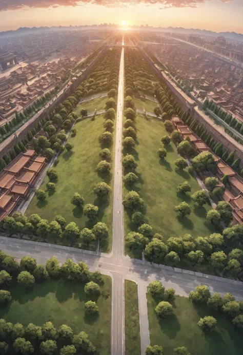 vanishing point, from above, panoramic, super wide angle, satellite images，古老的Forbidden City映造出一道美丽的风景，road，Forbidden City，Sunset，cloud，fallen flowers，ancient city，dead tree，mottled，grassland，Silent and desolate，