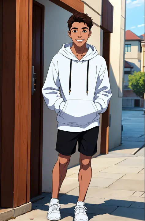 handsome 18 year old boy, wearing white hoodie, shorts, 8k resolution, full body, smiling, White skin