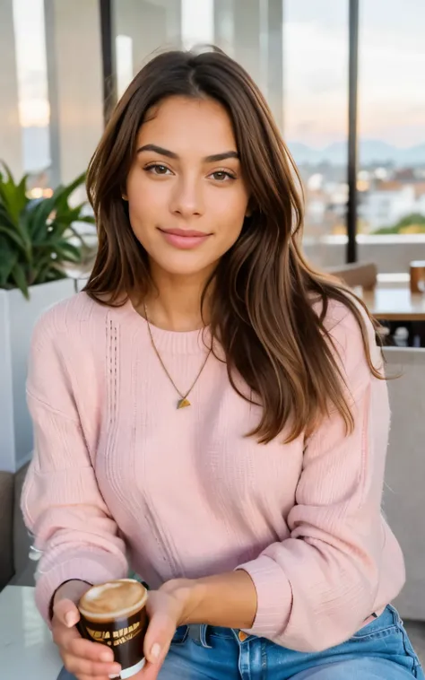 beautiful spanish light skin, with light brown hair, with pink sweater (drinking coffee inside a modern cafe at sunset), Muy detallado, 21 years, cara inocente, cabello liso natural, Brown eyes, high resolution, Obra maestra, Mejor calidad, detalles intrin...