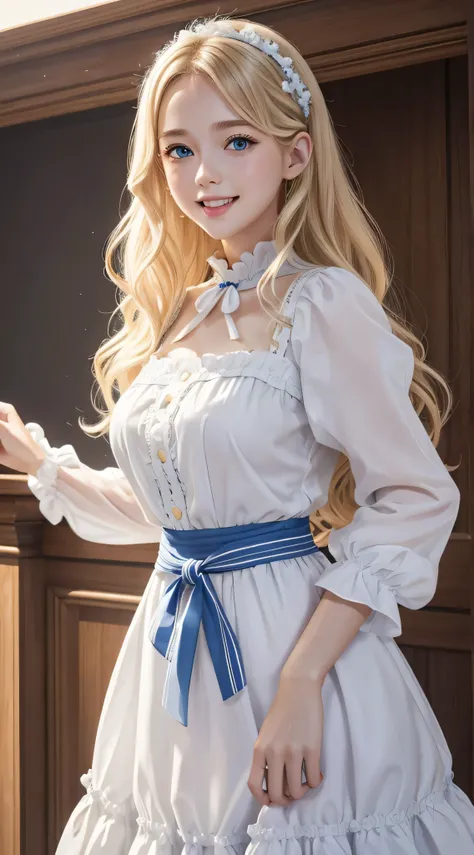 Young blonde with blue eyes and wavy hair down to her waist、She is wearing a pure white frilled dress.、ela esta sorindo、she is showing her teeth、she is in the square、Sinanoturna、melhor qualidade、Oblablima、8k、cinematic lighting、trabalho premiado