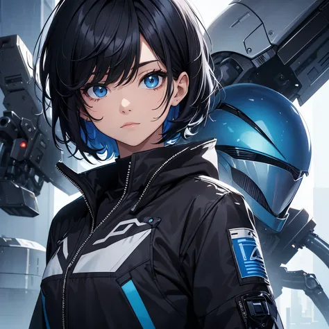 ((alien)) girl, muscle body, coat black shirt clothes, blue short hair, right side hair, messy hair, mecha hair left