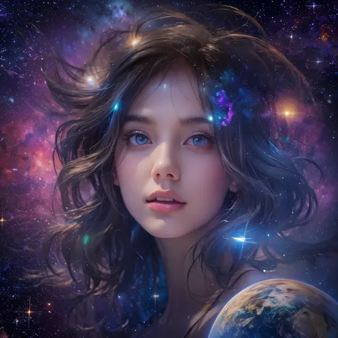 (best quality,4k,highres,ultra-detailed, photo realistic:1.37), beautiful girl with mesmerizing eyes,gorgeous galaxy viewing,spa...