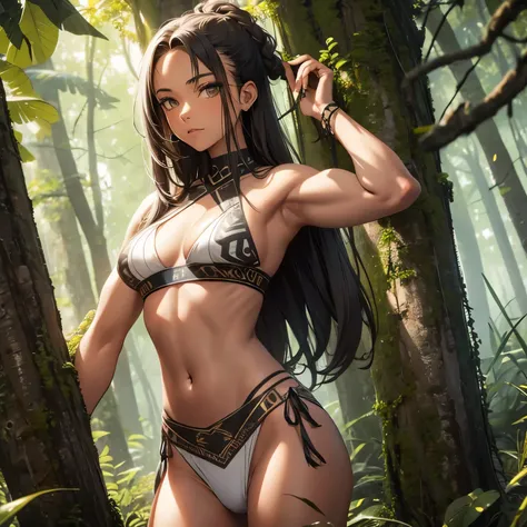 Amazone girl, ((brown skin)), indigenous tattoo, in forest, hunting pose, White messy hair, ((gray eyes)), arrow in hand, muscle body, tribal clothes