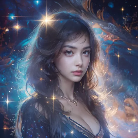 (best quality,4k,highres),beautiful girl with mesmerizing eyes,gorgeous galaxy viewing,sparkling stars,soft cosmic colors,ethereal atmosphere,peaceful serenity,celestial wonders,wonderful universe,stellar beauty,romantic stardust,celestial portrait,cosmic ...