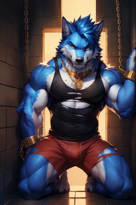 solo,anthro,furry,furry male, Wolf, ((fluffy fur,fluffy,furry body)), (Blue fur, ancient Wolf print), (blue body), night, dark room, Blue mohawk, red eyes, (bright red eyes) short messy hair, tail, blue hair, sky blue eyes, detailed fluffy fur, torn tank t...