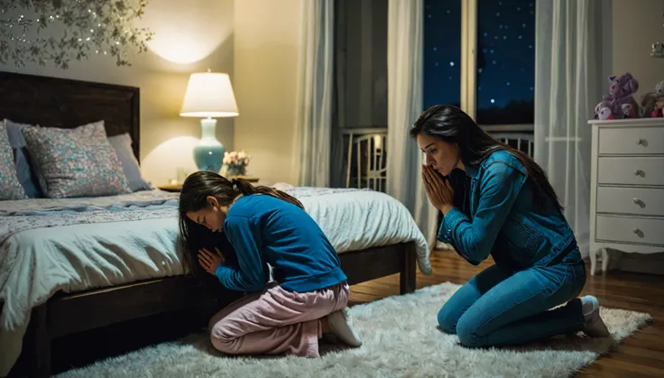 Background, night, bedroom of a house, woman looking 35 years old is kneeling praying next to the bed accompanied by her 15 year old daughter, they are scared.