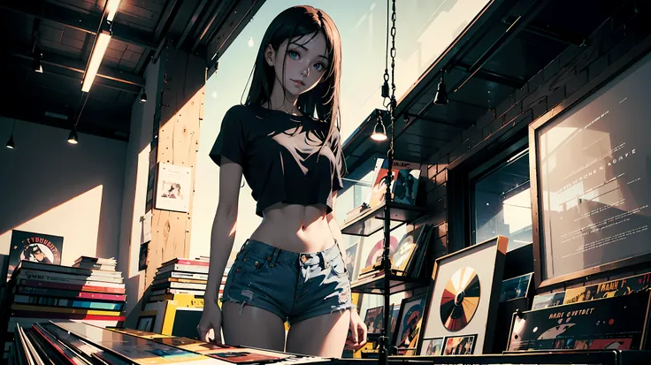 anime girl, long black hair, seductive smile, 18 years old, small breasts, thin hips, tall, standing,  white crop-top shirt, bare midriff, jean shorts  record store, records, vinyl, dramatic lighting, Rembrandt lighting, cinematic lighting, evening, nightt...