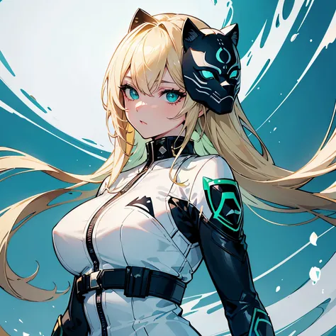 A girl with blond hair, dove eyes and two different eye colours  her left eye is blue like the sea and her right eye is green like an emerald. she is wearing a white golden ninja suit and a black panther mask is on the left side of her belt