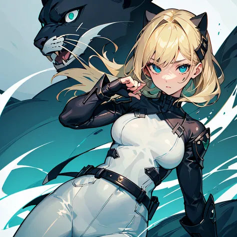 A girl with blond hair, dove eyes and two different eye colours  her left eye is blue like the sea and her right eye is green like an emerald. she is wearing a white golden ninja suit and a black panther mask is on the left side of her belt