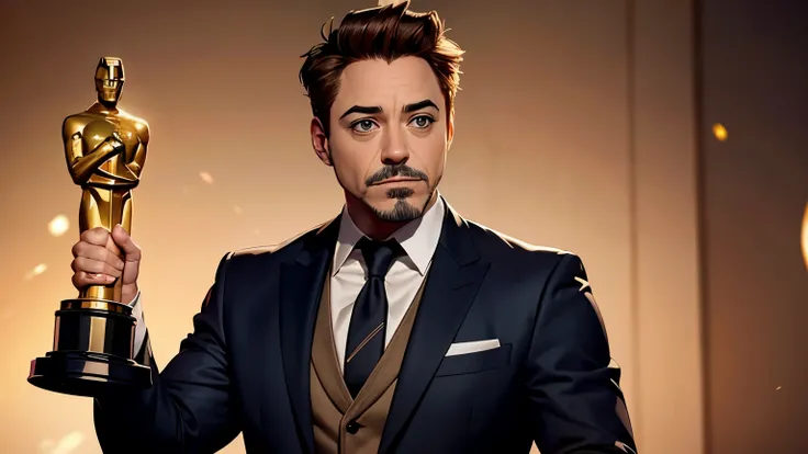 Robert Downey Jr happy, without beard, winning the "Oscar" award