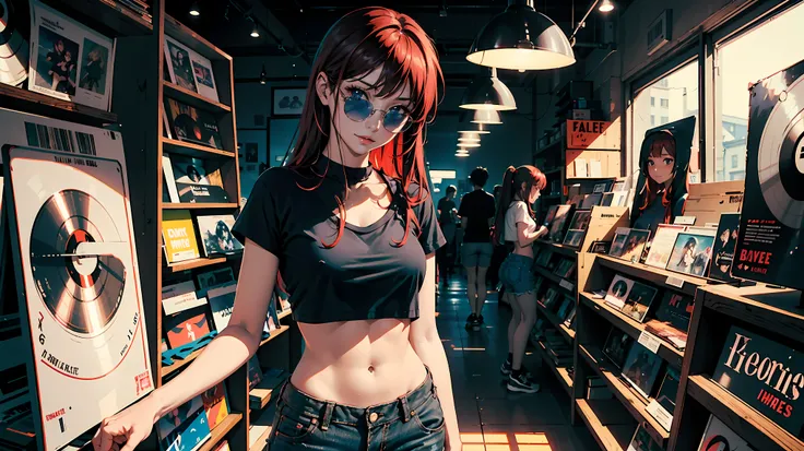 anime girl, long red hair, seductive smile, 18 years old, small breasts, thin hips, tall, standing,  blue crop-top t-shirt shirt, bare midriff, jean shorts  record store, records, vinyl, dramatic lighting, cinematic lighting, evening, nighttime