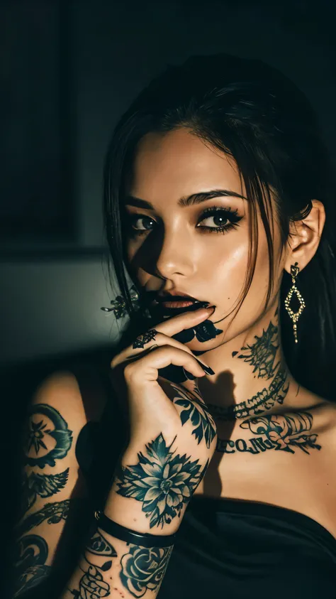 Beautiful girl with tattoos smoking, dark image