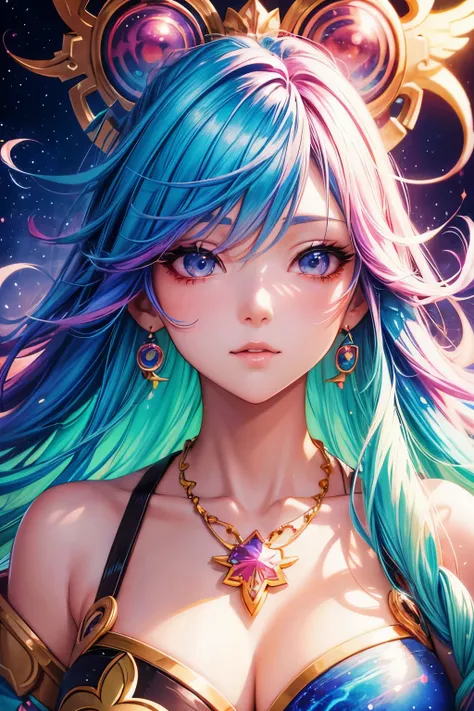 a close up of a woman with colorful hair and a necklace, anime girl with cosmic hair, rossdraws pastel vibrant, artwork in the style of guweiz, fantasy art style, colorful]”, vibrant fantasy style, rossdraws cartoon vibrant, cosmic and colorful, guweiz, co...