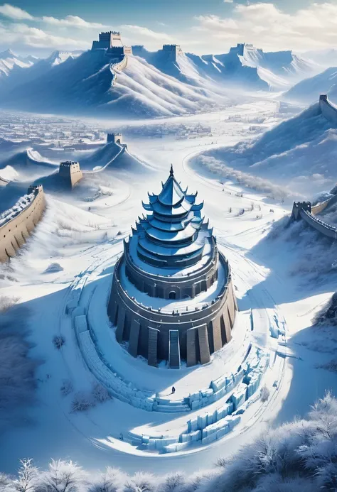 vanishing point, from above, panoramic, super wide angle, satellite images，aerial photography，Game of Thrones floor map ，((Winterfell))，Night King&#39;An S-face appeared in the ice and snow，full of mystery、Cold and strong sense of power，Night King has a ve...