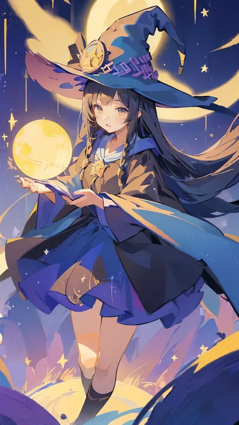 ((magic使いの女の子:1.5)), Full body shot，perfect face, beautiful face, highly detailed face，(blue long hair_yellow eyes:1.3)，(witch hat:1.3)，Witchs broom，magicの杖，book of magic，night sky，many stars，shine，Light，smile，magic，Sparkling，moon，star particles