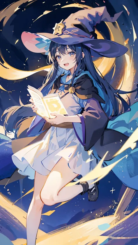 ((magic使いの女の子:1.5)), Full body shot，perfect face, beautiful face, highly detailed face，(blue long hair_yellow eyes:1.3)，(witch hat:1.3)，Witchs broom，magicの杖，book of magic，night sky，たくさんのstar，shine，Light，smile，magic，Sparkling，moon，starの粒，star々