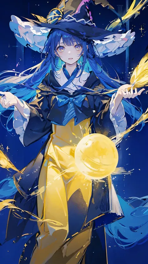 ((magic使いの女の子:1.5)), Full body shot，perfect face, beautiful face, highly detailed face，(blue long hair_yellow eyes:1.3)，(witch hat:1.3)，Witchs broom，magicの杖，book of magic，night sky，たくさんのstar，shine，Light，smile，magic，Sparkling，月Light，starの粒，star々，moonlight，流...