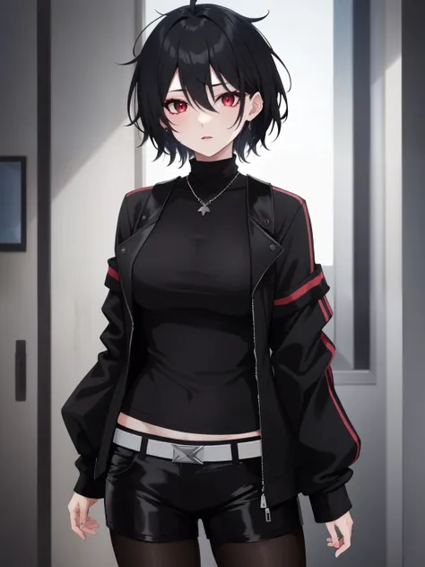 1girl, solo, mature female, vampire, (pale skin:0.8), red eyes, black hair, (wavy hair:0.1), messy hair, short hair, hair between eyes, wolfcut, pixie cut, makeup, punk, emo, breasts, black jacket, black turtleneck, techwear, black shorts, pantyhose